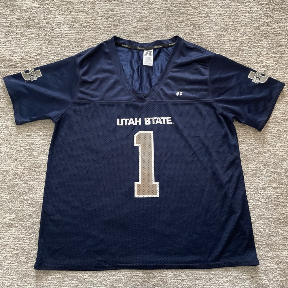 Utah State Aggies Football Jersey Women’s 3XL Navy Blue NCAA Russell #1 Mesh